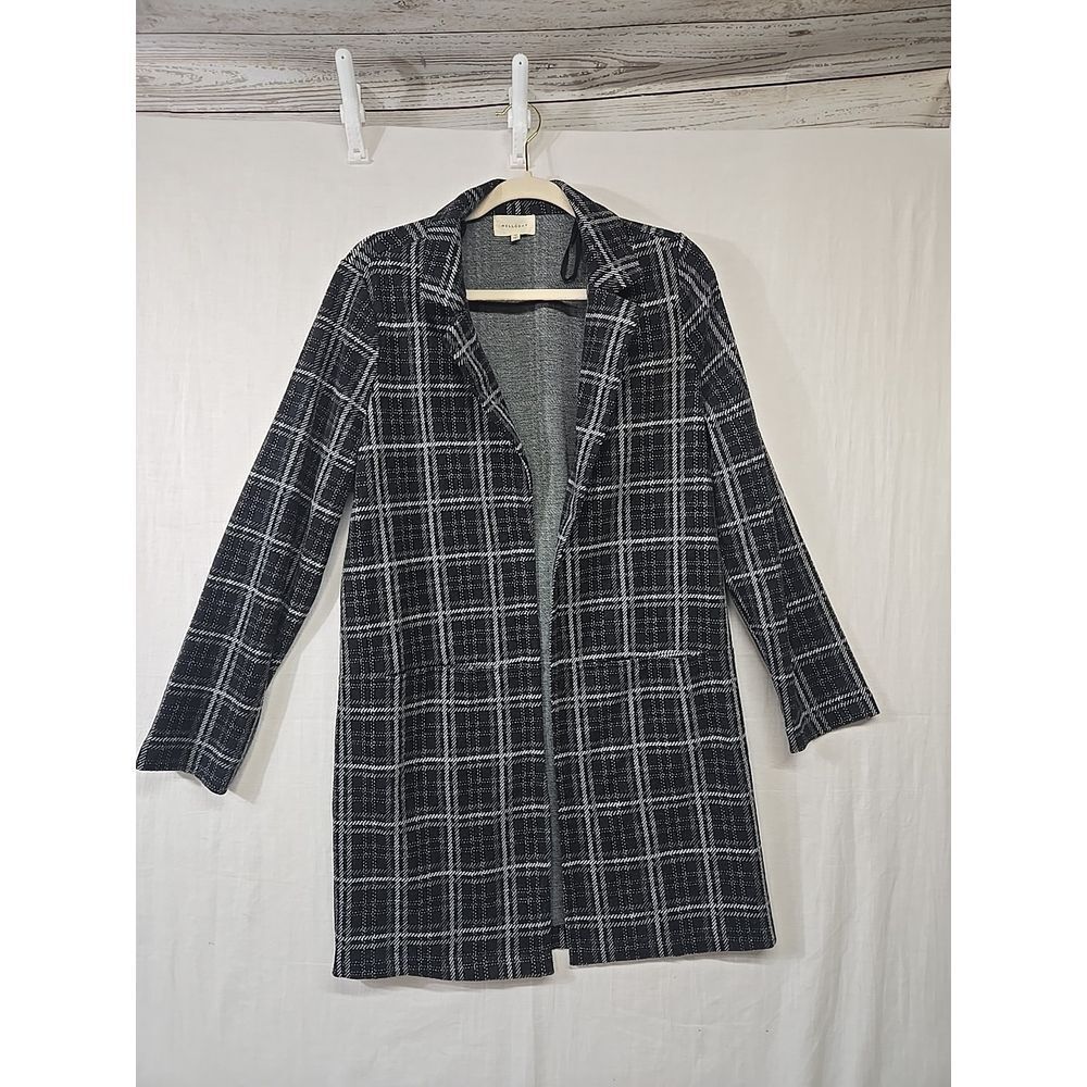 MELLODAY Black Gray Plaid Collared Open Front Cardigan Women's Size‎ Medium Long